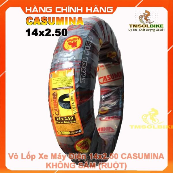 Vỏ lốp xe máy điện Casumina 14x2.50 không săm, hàng chính hãng, bền bỉ, bám đường tốt.